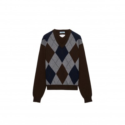 PRADA CASHMERE V-NECK ARGYLE SWEATER 269524